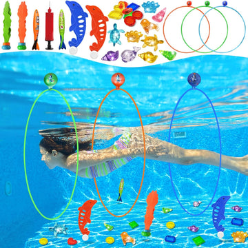 Jasonwell Pool Rings Diving Toys - 28PCS Swimming Thru Pool Diving Game Toys with Dive Rings Underwater Treasures Torpedo Bandits Fish Toys etc Fun Water Swim Toys for Boys Girls Kids Teens Adults 3C - Jasonwell